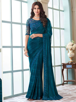 Akhilam - Women's Georgette Teal Blue Embellished Designer Saree with Unstitched Blouse