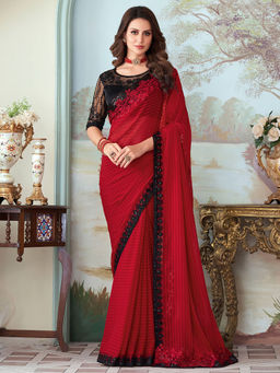 Akhilam - Women's Georgette Red Embroidered Designer Saree with Unstitched Blouse