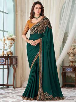 Akhilam - Women's Satin Silk Green Embroidered Designer Saree with Unstitched Blouse