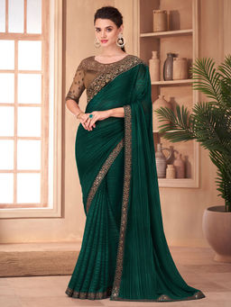 Akhilam - Women's Georgette Green Embroidered Designer Saree with Unstitched Blouse