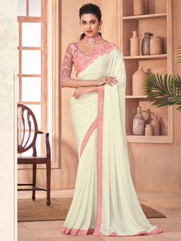 Akhilam - Women's Chiffon Cream Embroidered Designer Saree with Unstitched Blouse
