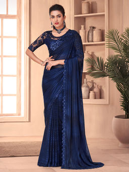 Akhilam - Women's Georgette Navy Blue Embellished Designer Saree with Unstitched Blouse