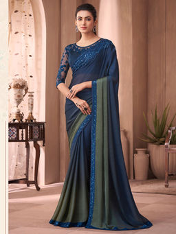 Akhilam - Women's Georgette Navy Blue Embroidered Designer Saree with Unstitched Blouse