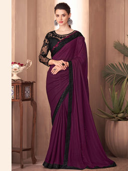 Akhilam - Women's Chiffon Wine Embroidered Designer Saree with Unstitched Blouse