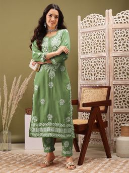 ADA - Women Hand Embroidered Lucknowi Chikankari Sage Green Cotton Slub Kurta and Pant