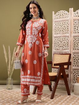 ADA - Women Hand Embroidered Lucknowi Chikankari Rust Cotton Slub Kurta and Pant