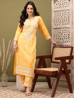 ADA - Women Hand Embroidered Lucknowi Chikankari Yellow Cotton Slub Kurta and Pant