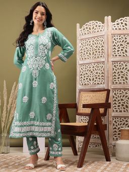 ADA - Women Hand Embroidered Lucknowi Chikankari Mint Green Cotton Slub Kurta and Pant