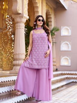 BC Balaji Creation - Pastel Purple Georgette Handwork Kurti with Sharara and Dupatta