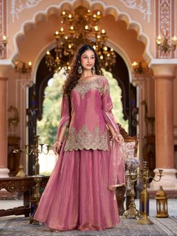 BC Balaji Creation - Dusky Pink Fendy Net Embroidered Kurti with Sharara and Dupatta