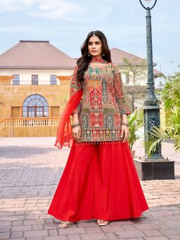 BC Balaji Creation - Rust Makhan Crepe Net Kurti with Sharara and Dupatta