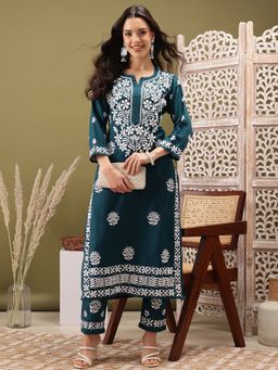ADA - Women Hand Embroidered Lucknowi Chikankari Teal Cotton Slub Kurta and Pant
