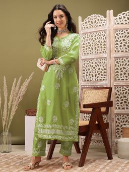 ADA - Women Hand Embroidered Lucknowi Chikankari Green Cotton Slub Kurta and Pant