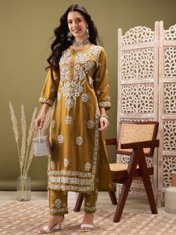 ADA - Women Hand Embroidered Lucknowi Chikankari Mustard Cotton Slub Kurta and Pant