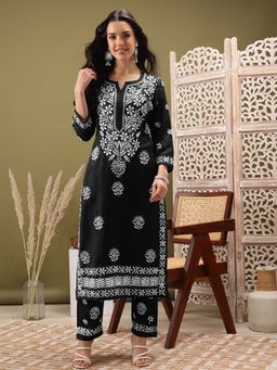 ADA - Women Hand Embroidered Lucknowi Chikankari Black Cotton Slub Kurta and Pant