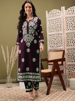 ADA - Women Hand Embroidered Lucknowi Chikankari Wine Cotton Slub Kurta and Pant