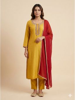Bcz Style - Women Silk Yellow Embroidered Kurta with Pant and Dupatta