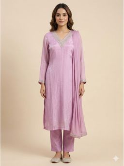 Bcz Style - Women Silk Lavender Embroidered Kurta with Pant and Dupatta