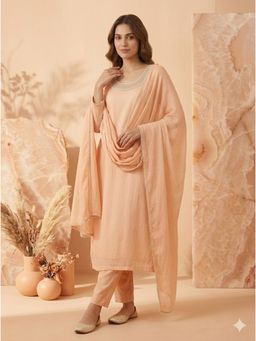 Bcz Style - Women Silk Peach Embroidered Kurta with Pant and Dupatta