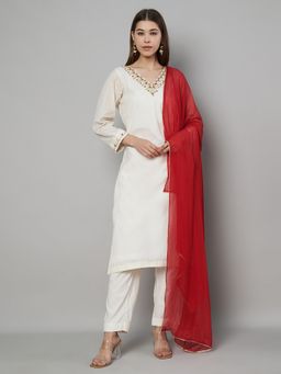 Bcz Style - Women Cotton Cream Embroidered Kurta with Pant and Dupatta