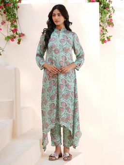 Indisangam - Women Floral Printed Asymmetrical Modal Green Kurta and Pant