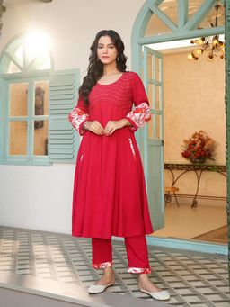 Indisangam - Women Maroon Embroidered Yoke Kurta and Pant