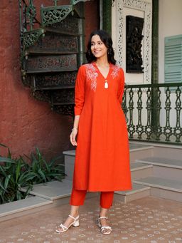 Indisangam - Women Contemporary Embroidered Orange Kurta and Pant