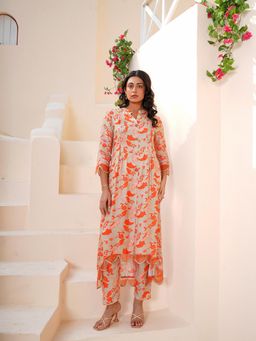 Indisangam - Women Orange Botanical Printed Pintuck Kurta and Pant