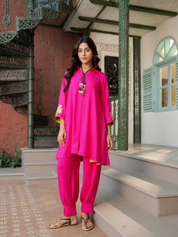 Indisangam - Women Pink A-Line Embroidered Rayon Kurta and Pant
