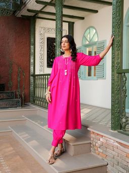 Indisangam - Women Pink Fuchsia Rayon Pintuck Detailing Embroidered Kurta and Pant