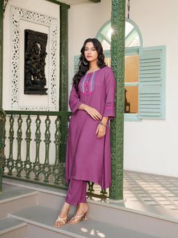 Indisangam - Women Plum Purple Rayon Embroidered Yoke Kurta and Pant