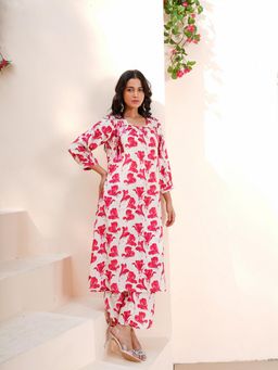 Indisangam - Women Red Leaf Muslin Tassel Tie-Up Kurta and Pant