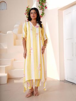 Indisangam - Women Yellow Striped Muslin Kurta and Pant