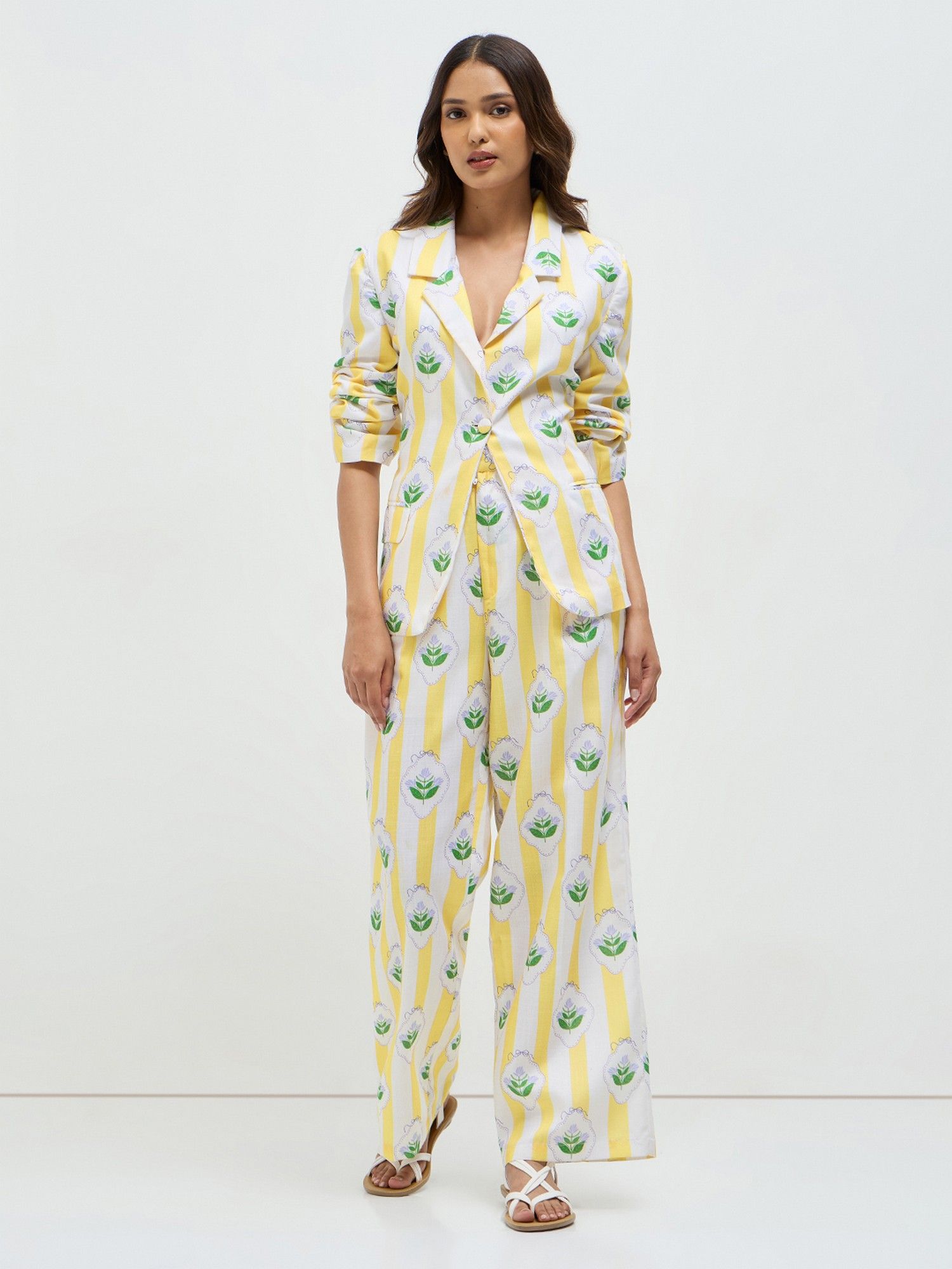 Women Linen Yellow Stripes Co-Ord Set-image-16