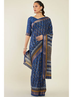 Soch - Women Blue Cotton Abstract Saree with Unstitched