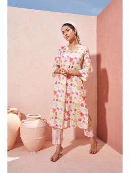 THREE-THREE - Cebu Linen Floral Cream Kurta with Pant