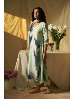 THREE-THREE - Sogno Linen Printed Green Kurta with Pant and Dupatta