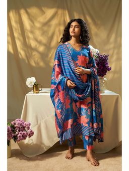 THREE-THREE - Brisa Oceacnica Printed Blue Kurta with Pant and Dupatta