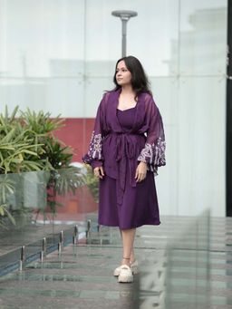 Kosha By Nilima - Bloomed Purple Jacket with Dress and Belt (Set of 3)