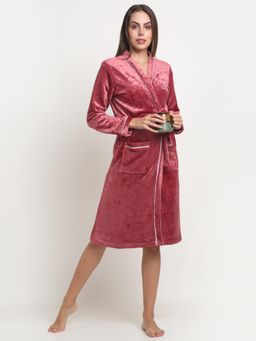 ARRABI - Womens Rust Warm Woolen Stripes Bath Robe with Pockets
