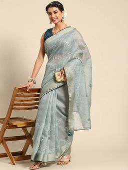 Odette - Blue Cotton Embroidered Saree with Unstitched Blouse