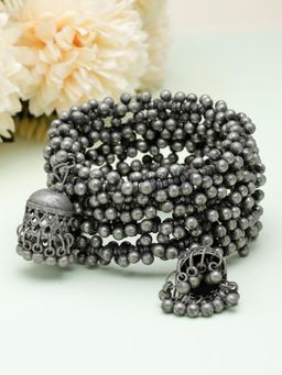 Moedbuille - Silver Plated Ghungroo Studded Filigree Work Jhumki Design Oxidised Tribal Bracelet