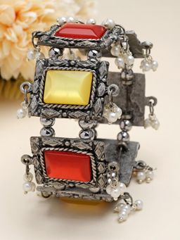Moedbuille - Silver Plated Mirrors & Pearls Red & Yellow Studded Antique Oxidised Tribal Bracelet