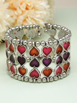 Moedbuille - Multi-Color Mirrors Studded Heart Shape Afghan Silver Plated Antique Bracelet