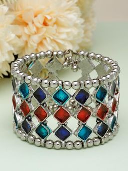 Moedbuille - Multi-Color Mirrors Studded Antique Afghan Silver Plated Handcrafted Tribal Bracelet