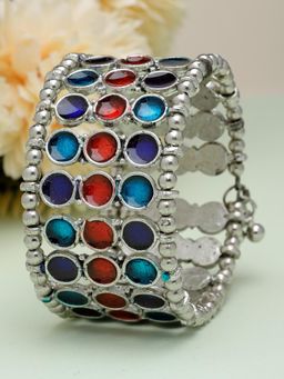 Moedbuille - Multi-Color Mirrors Studded Antique Afghan Silver Plated Handcrafted Tribal Bracelet