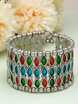 Moedbuille - Multi-Color Mirrors Studded Antique Afghan Silver Plated Handcrafted Tribal Bracelet