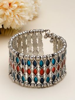 Moedbuille - Multi-Color Mirrors Studded Antique Afghan Silver Plated Handcrafted Tribal Bracelet