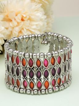 Moedbuille - Multi-Color Mirrors Studded Antique Afghan Silver Plated Handcrafted Tribal Bracelet