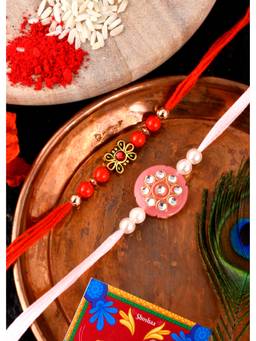 Shoshaa - Peach and Red Kundan and Stone Studded Bhai Rakhi with Roli Chawal (Set of 3)